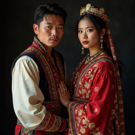 Portrait of a beautiful Asian couple in traditional clothing on black backgroundの素材
