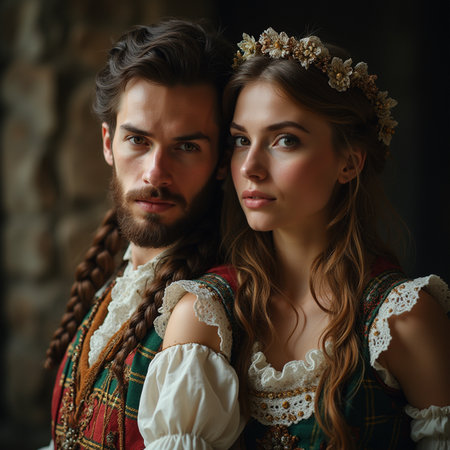 Portrait of a beautiful young couple in traditional Bavarian clothes.の素材