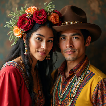 Portrait of a beautiful Asian couple in traditional costume with flowersの素材