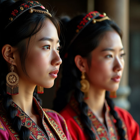 Two young women in traditional clothes standing in front of the camera.の素材