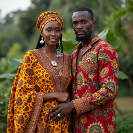 Young African couple in traditional clothes standing in the garden. Traditional African clothing.の素材