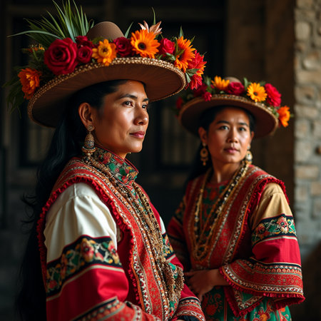 Two women in traditional costume with flower wreaths on their headsの素材