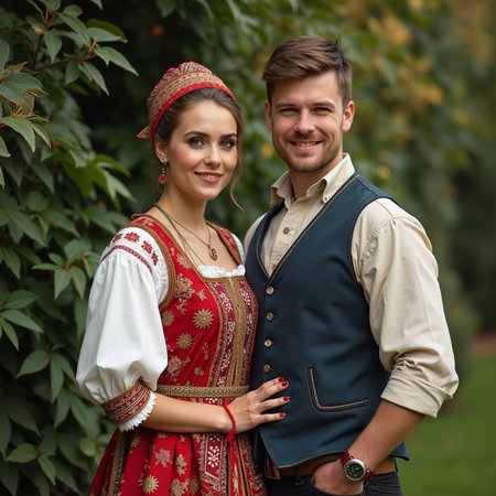 Portrait of a happy young couple in traditional Russian clothes standing outdoorsの素材