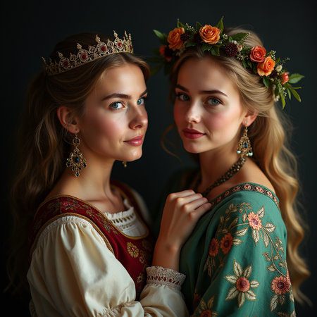 Two beautiful young women in medieval dresses and crowns on dark backgroundの素材