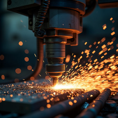 Industrial laser cutting metal with sparks flying in the air. Metal industryの素材