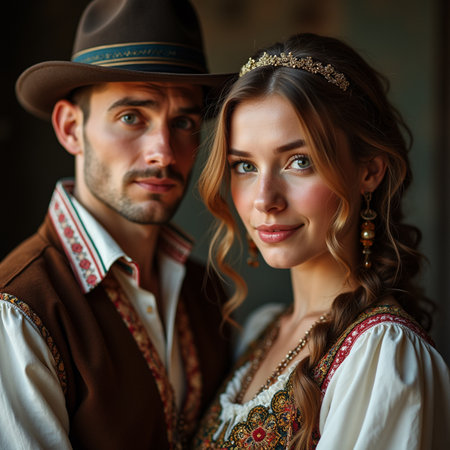 Portrait of a beautiful young couple in traditional clothing standing in the roomの素材