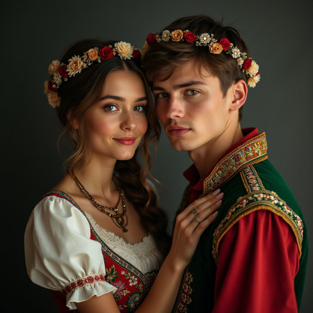 Portrait of beautiful young couple in traditional Ukrainian clothesの素材
