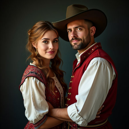 Portrait of a beautiful young couple in national dress and cowboy hat.の素材