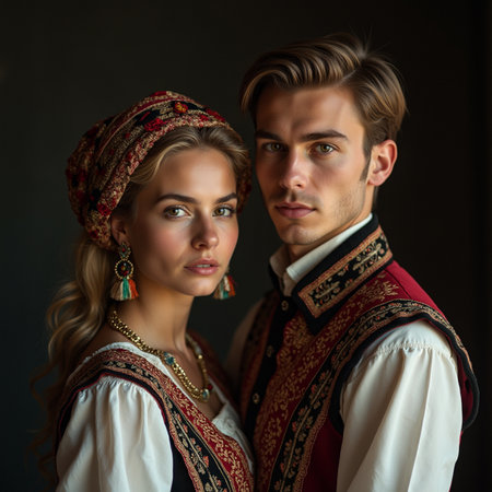 Portrait of a beautiful young couple in traditional costume. Studio shot.の素材