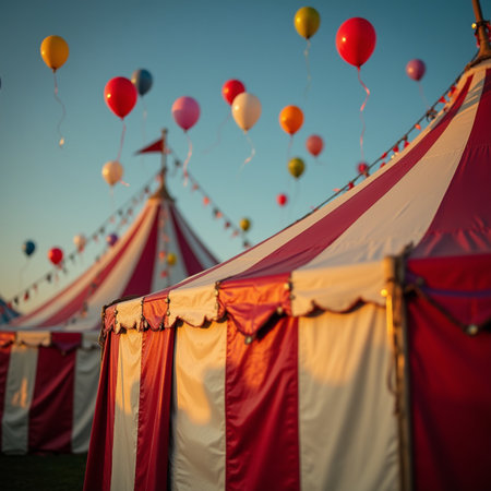 Circus tent with red and white balloons against blue sky at sunsetの素材