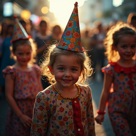 Cute little girl in birthday hat having fun on the street.の素材