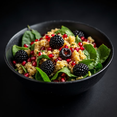 Quinoa salad with blackberry, pomegranate and spinach on black backgroundの素材