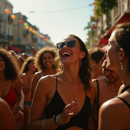 Group of young people having fun at the summer music festival on the street.の素材