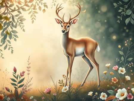 Deer in the meadow with flowers. 3D illustration.の素材