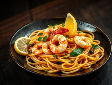 Spaghetti with prawns, shrimps, mussels, squid and lemon in black plate on dark wooden tableの素材