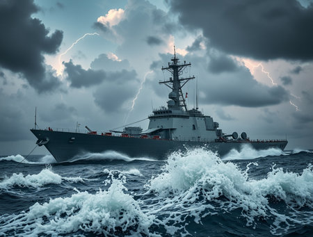 Warship in stormy sea. Filtered image processed vintage effect.の素材