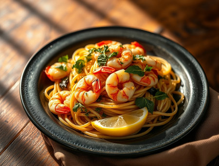 Spaghetti with shrimps and basil in black plate on wooden tableの素材