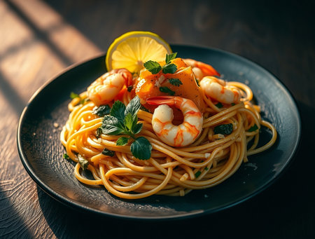Spaghetti with shrimp and lemon on a black plate, selective focusの素材