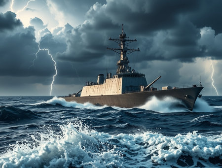 Warship in stormy sea. 3D illustration. Vintage style.の素材