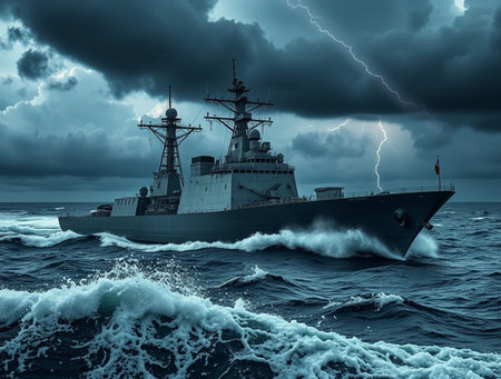 Warship in stormy sea. 3D render. Illustration.の素材