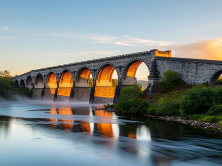 The old bridge over the river at sunset. Long exposure photo.の素材