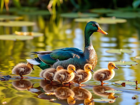 Mallard duck with ducklings on a lake in the parkの素材