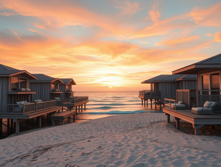 Beautiful sunset over the sea with wooden bungalows on the beachの素材