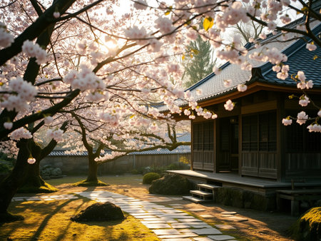 Sakura cherry blossom and Japanese house in the morningの素材