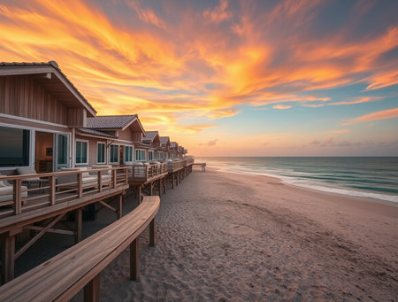 Sunset on the beach with wooden bungalows in the foregroundの素材