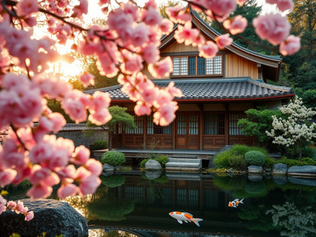Japanese garden with cherry blossom in spring, Kyoto, Japan.の素材