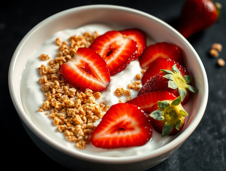 Yogurt with granola and fresh strawberries on dark background, closeupの素材