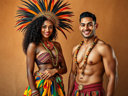 Beautiful young African American man and woman in traditional costume of Aztec.の素材