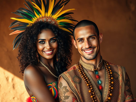 Portrait of a beautiful African American couple in native clothes.の素材