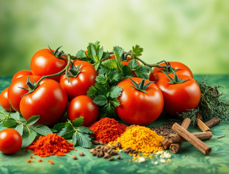 Tomatoes, spices and herbs on a green background. Food background.の素材
