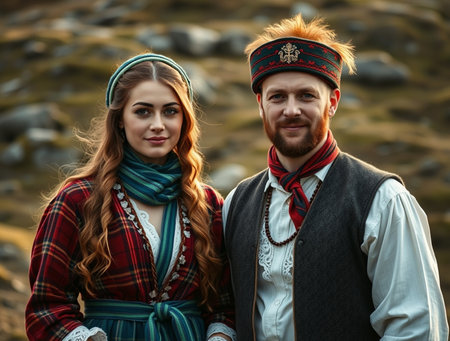 Portrait of a beautiful young couple in traditional clothes at the mountain.の素材