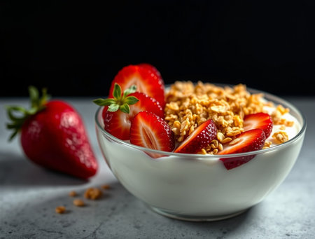 Bowl with granola and fresh strawberries on table, closeupの素材