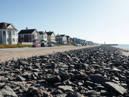 Coastline of the North Sea with houses on a sunny dayの素材