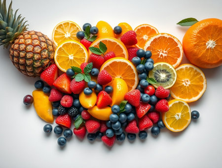Fruits and berries on a white background. View from above.の素材