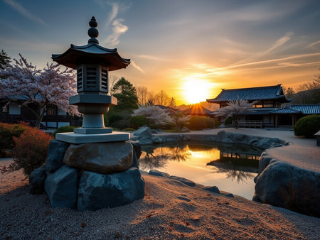Beautiful Japanese temple with cherry blossoms in the garden at sunsetの素材