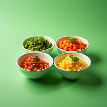 Bowls with different sauces on green background. Vegetarian foodの素材