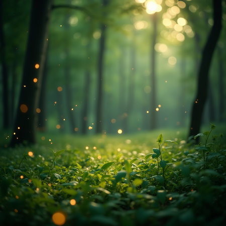 Morning in the forest. Sunlight through the trees. Soft focusの素材