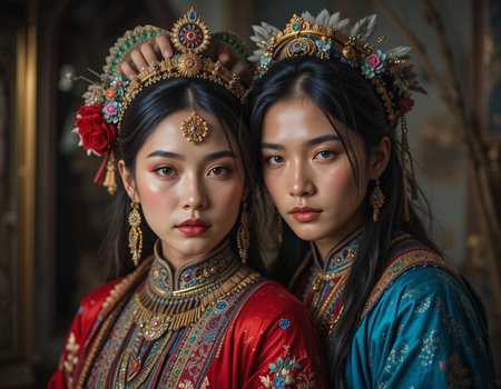 Portrait of two beautiful Asian women in traditional thai costumeの素材