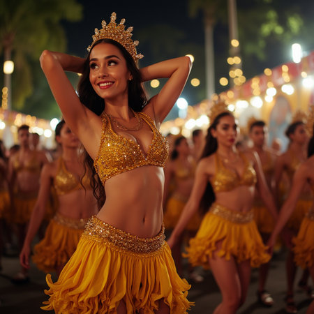 Beautiful young woman in traditional costume dancing in the street at nightの素材