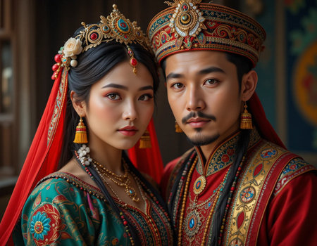 Portrait of a young couple in traditional costume. Asian people.の素材