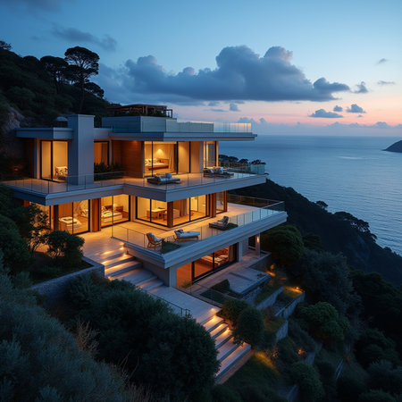 3d rendering of modern cozy house with pool and parking for sale or rent in luxurious style by the sea or ocean at sunset. Clear summer night with golden light from window.の素材