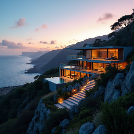 Modern house on the cliff with sea view at sunset. Long exposureの素材