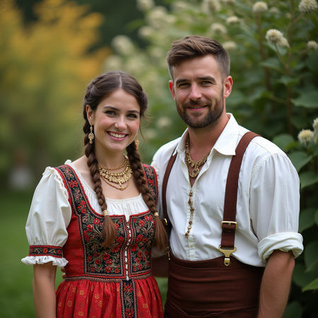 Young couple in traditional Bavarian clothes posing in the garden, smiling.の素材