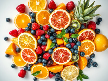 Fresh fruits and berries on a white background. Healthy food concept.の素材