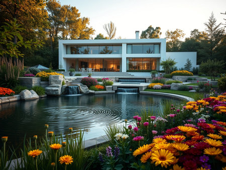 Modern house in the garden with beautiful flower bed and beautiful landscapingの素材