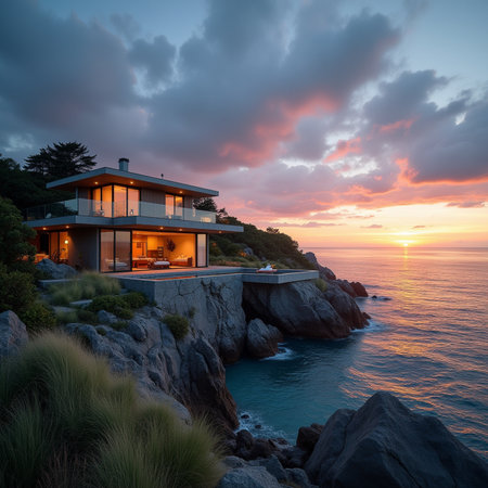 Beautiful sunset over the sea with a modern house in the foregroundの素材
